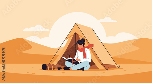 Desert Dreamer Writing in Tent During Solo Adventure In the Sandy Dunes