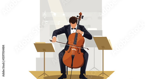 Cellist Performs Classical Music On Stage Under The Spotlights In Concert Hall