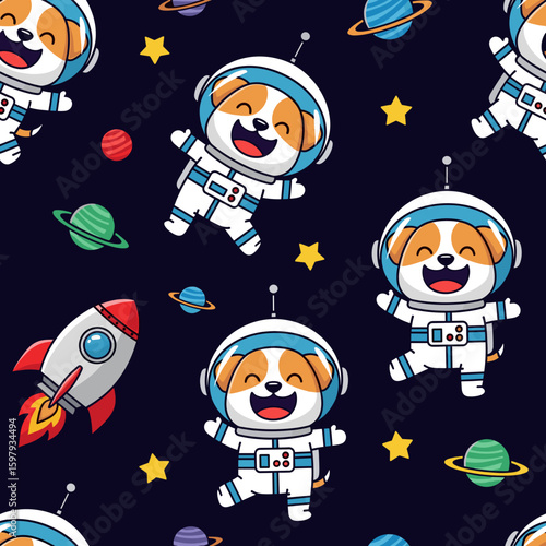 Adorable dogs in astronaut suits floating in space, perfect for children's products or space-themed designs.