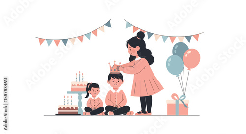 Charming Celebration Of Birthday With Crown And Balloons For Children Event
