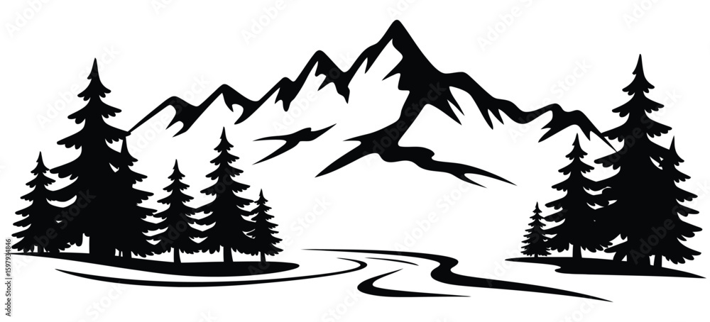 Obraz premium Camping and Wildlife Scene in Black Silhouette with Fir Trees and Mountains