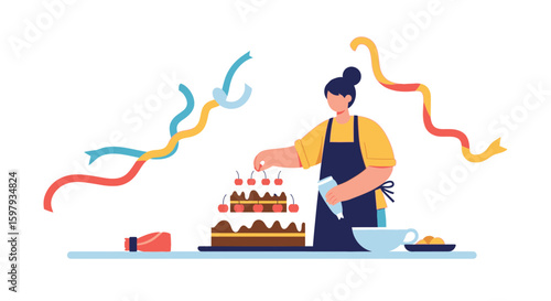 Cheerful Baker Adorning Two Tiered Chocolate Cake With Fresh Cherries