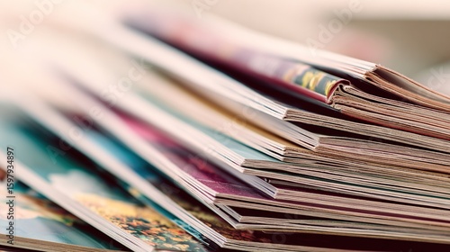 Stacked magazines with colorful pages, blurred focus in a warm, inviting setting