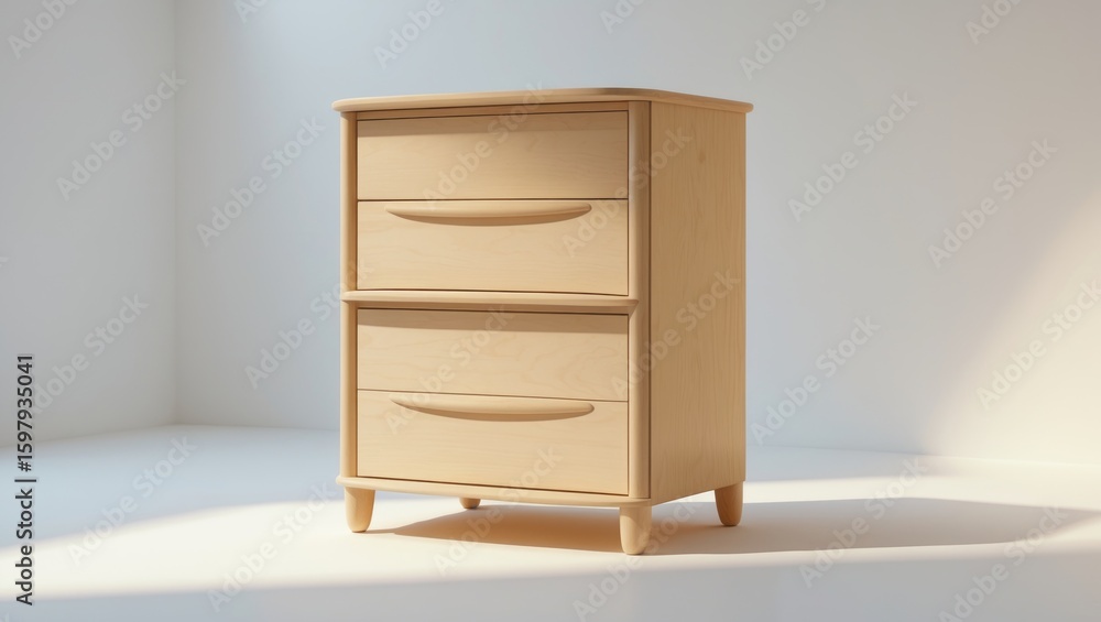 Fototapeta premium A wooden dresser with two drawers and curved handles placed on a white surface with soft lighting.