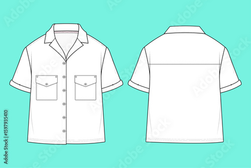Revere Collar Shirt Flat Sketch Outline Template.