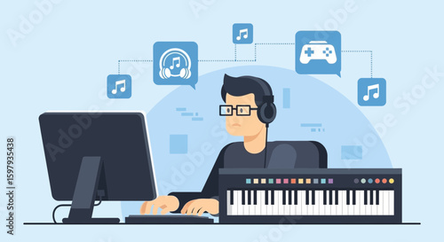 Digital Audio Workstation Music Production Creative Process At Computer Illustration