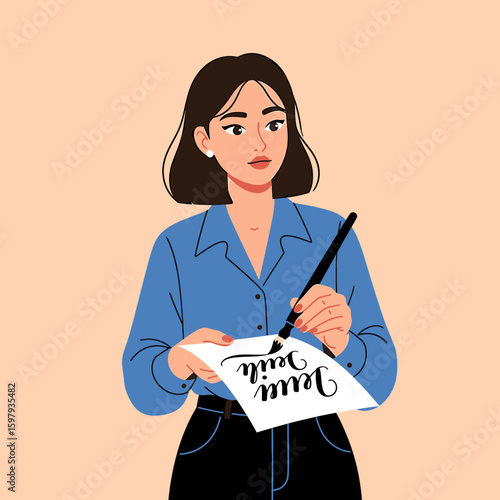 Illustration of a woman writing "Jenn Smith" on a piece of paper with a black pen, wearing a blue shirt and black pants.