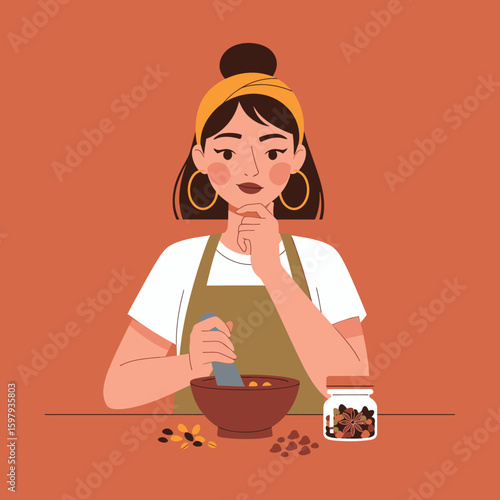 Woman in apron using mortar and pestle to grind spices, with a jar of ingredients nearby, on a terracotta background.