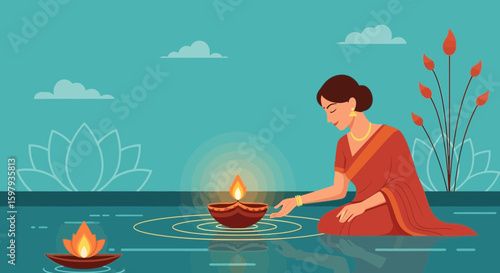 Elegant Woman Offers Prayers With Diyas Floating On Water For Diwali Celebration