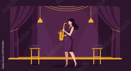 Elegant Woman Performing Jazz Music with Saxophone on Stage Illustration