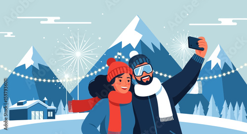 Cheerful Couple Capturing Winter Memories With A Mobile Phone In Snowy Mountains