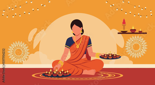 Diwali Celebration Traditional Woman Offering Prayers With Diya Decoration