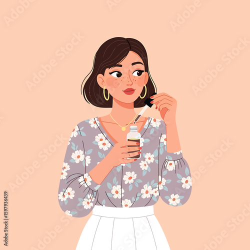 Woman applying serum to her face using a dropper, holding a small bottle, against a peach background.