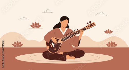 Elegant Woman Playing Sitar in Tranquil Landscape Serene Musical Harmony