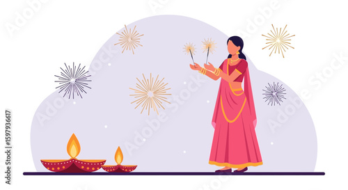 Diwali Celebration With Woman Holding Sparklers And Lit Diyas Illustration