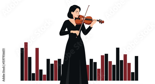 Elegant Woman Playing Violin With Sound Graph Design In The Background