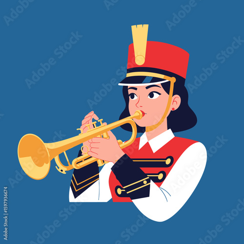 A young woman in a marching band uniform plays a golden trumpet against a blue background.