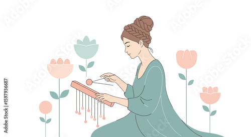 Elegant Woman Playing The Musical Instrument Among Pastel Flowers Flat Illustration