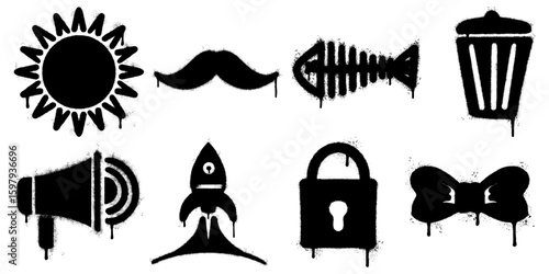collection of black spray painted stencil graffiti icons on a white background. set includes various symbols such as a sun, mustache, fish skeleton, trash can, megaphone, rocket, padlock, and bow tie.