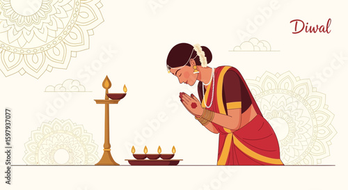 Elegant Woman Praying During Diwali Celebration with Festive Ornamentation