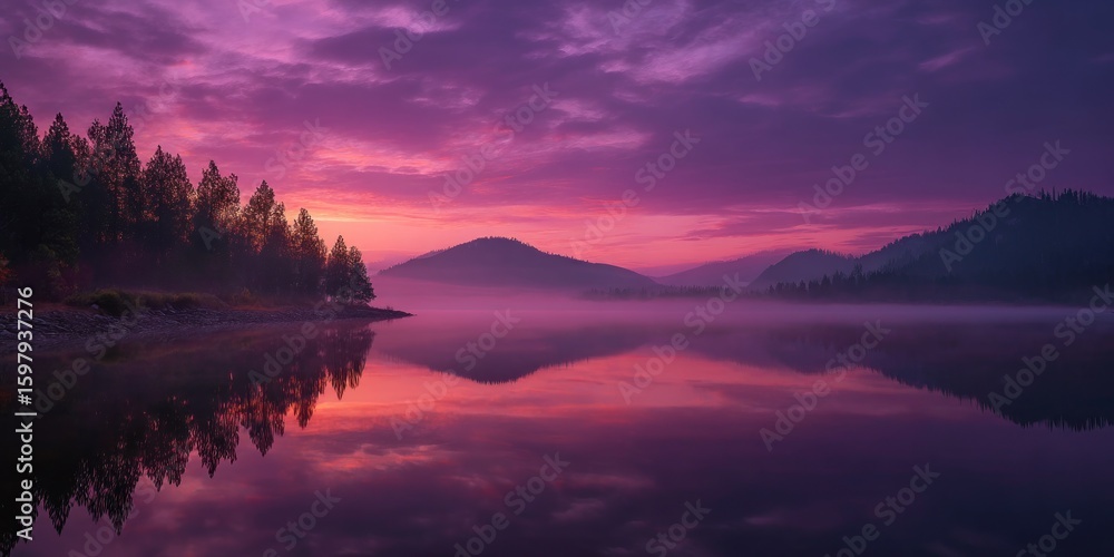 Obraz premium A serene lake reflects the vibrant purple and pink hues of the sky at dusk, with silhouetted trees and distant mountains creating a tranquil landscape scene.