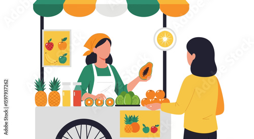 Cheerful Vendor Selling Healthy Fruits And Juices At A Colorful Market Stall