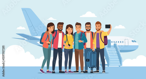 Cheerful Vacationers Group Taking Selfie In Airport Ready For Adventure Travel