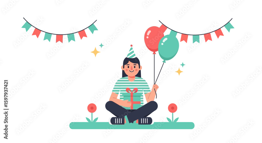 Fototapeta premium Cheerful Woman Celebrating Her Birthday With Balloons And Gift Illustration