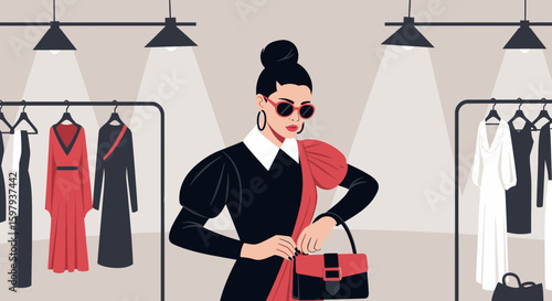 Elegant Woman Shopping For Fashionable Clothes In A Stylish Boutique
