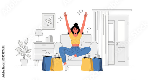 Cheerful Woman Celebrating Her Purchases With Shopping Bags At Home