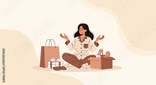 Cheerful Woman Sitting With Shopping Bags And New Pair Of Shoes At Home