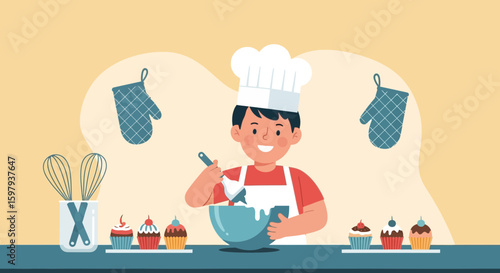 Cheerful Young Baker Preparing Cupcakes In Kitchen Illustration