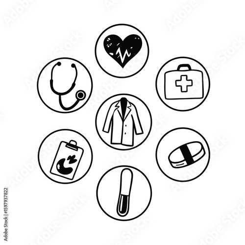 Medical Icons Circle Arrangement Black and White Doodle Style on Transparent Background This image features