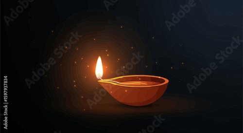 Diwali Festive Oil Lamp With Lit Flame And Decorative Sparkles