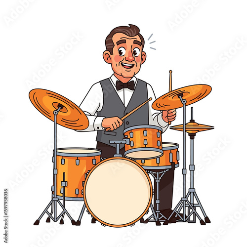 Cartoon illustration of a smiling, middle-aged man playing a drum set with cymbals, wearing a vest and bow tie.