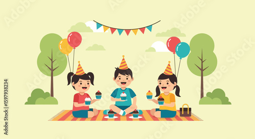 Children Celebrate Birthday Enjoying Cupcakes At Park Picnic With Balloons