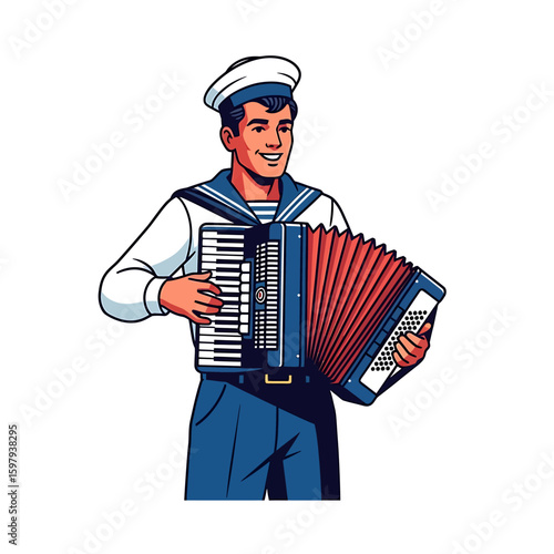 A smiling cartoon sailor in uniform plays a blue and red accordion against a white background.