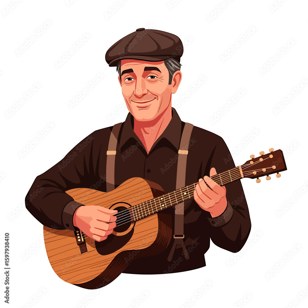 A smiling man wearing a cap and suspenders plays an acoustic guitar, looking directly at the viewer. A smiling man wearing a cap and suspenders plays an acoustic guitar, looking directly at the viewer.