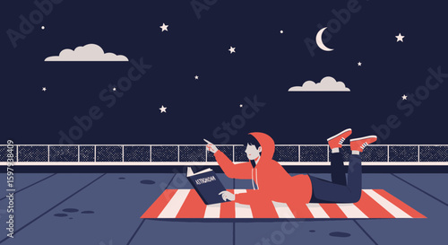 Dreamy Evening Studying Astronomy Under Starry Sky On Rooftop Illustration