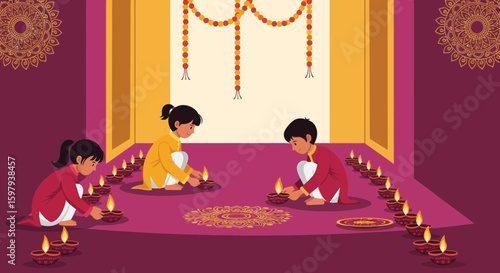 Children Celebrate Diwali By Lighting Diyas Around Rangoli Pattern At Home