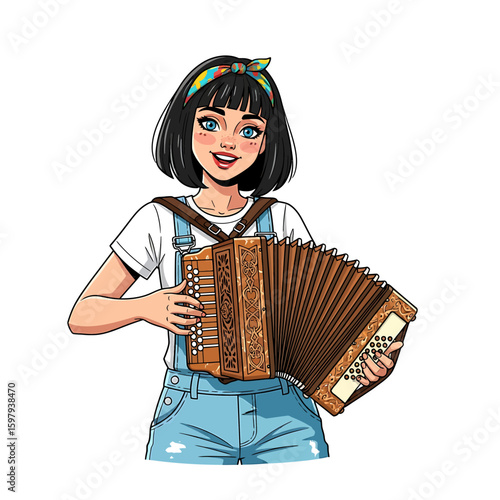 Cartoon illustration of a smiling young woman with dark hair playing a brown accordion while wearing denim overalls and a colorful headband.