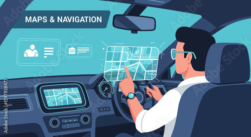 Driver Using Advanced Car Navigation System Interface For Easy Transportation