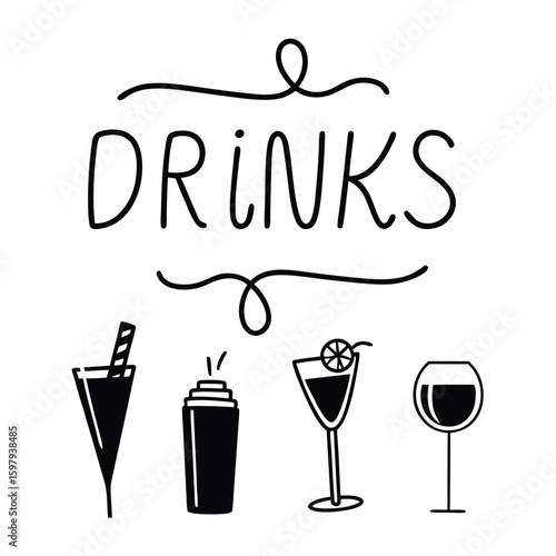 Hand Drawn Drinks Illustration with Cocktail Glasses and Decorative Swirls on Transparent Background simple black