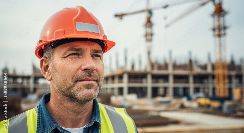 Fototapeta premium Construction site worker closeup protective headgear thoughtful expression emphasizing safety and professionalism