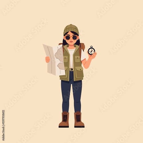 Young woman traveler with a backpack and sunglasses holding a map and compass, navigating an outdoor trail on an adventure.
