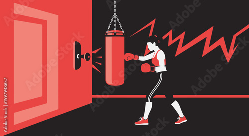 Dynamic Boxing Workout Graphic With Punching Bag And Energetic Lightning Bolts