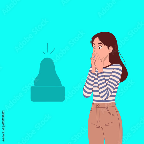 Vector illustration of a surprised woman reacting to an emergency siren. Concept of urgent warning, crisis alert, and sudden notification.