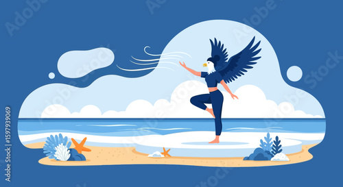 Eagle Woman Balancing On The Beach Symbolizing Freedom And Connection With Nature