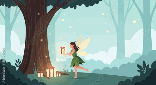 Enchanting Fairy Delivering Gifts Under The Forest Tree At Night Scene