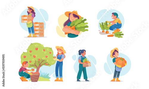 Dedicated Farmers Engaged in Agricultural Work in Fields and Harvesting Various Crops